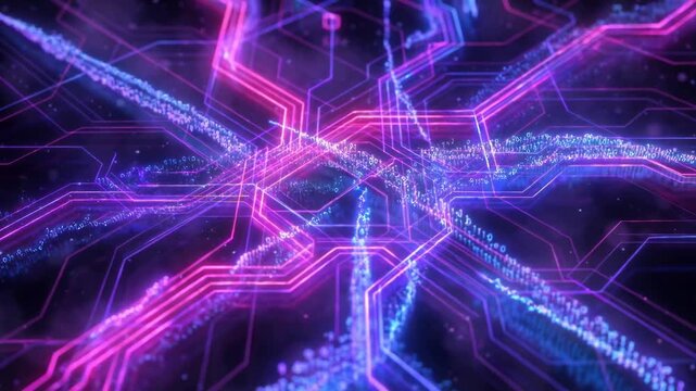 Luminous streams of binary code and glowing particles traveling through a complex circuit board, representing concepts of data transfer, high tech processing, and futuristic network communication