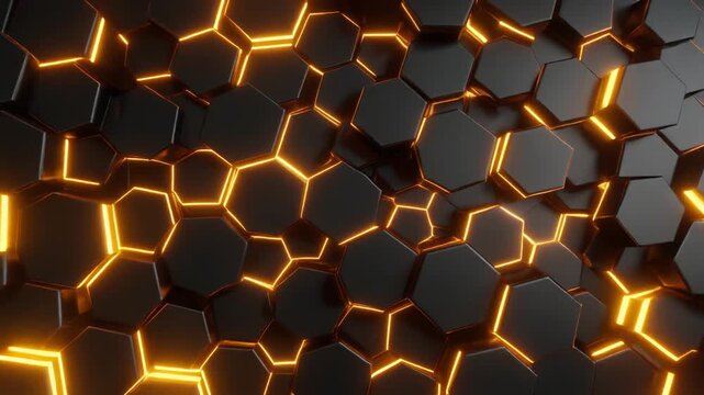 Dynamic dark background featuring a vibrant array of glowing orange hexagons, creating an abstract and futuristic technological texture