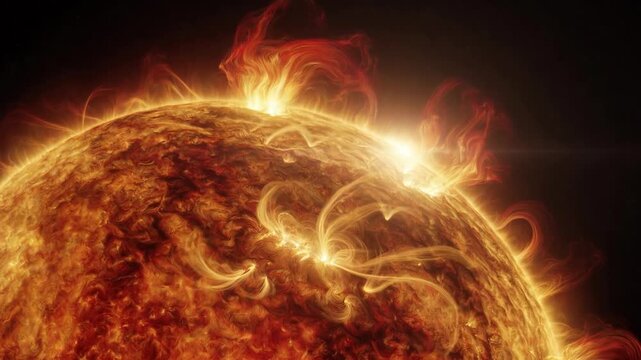 Stunningly detailed animation of the sun's surface showing powerful solar flares and coronal mass ejections erupting into the vast darkness of space, representing solar activity and energy