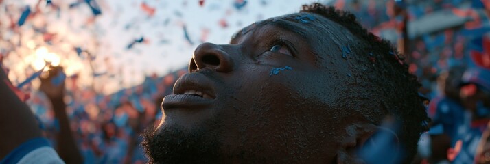 Naklejka premium Pointofview footage from a jubilant Haiti supporter as the home soccer team clinches a regional win confetti fluttering around in an electric stadium atmosphere.
