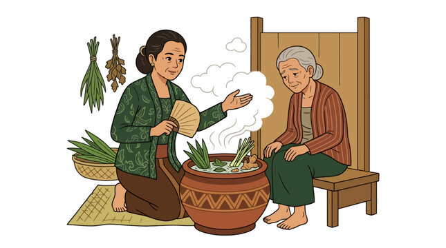 Illustration of two Indonesian women preparing traditional herbal medicine jamu in a clay pot. EPS Editable