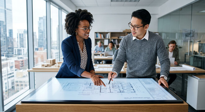 Diverse architects collaborating over large digital drafting board in firm.