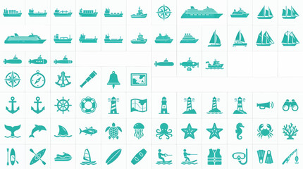 Flat Aquamarine Vector Icons Collection for Marine and Nautical Themes, Featuring Ships, Boats, Submarines, Marine Life, Navigation Tools, and Beach Activities © Earengga