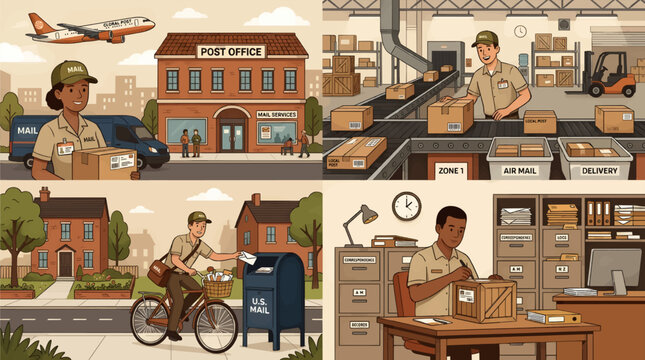 Flat Vector Illustration of Postal Service Operations: Mail Carrier Delivering Mail, Post Office Exterior, Sorting Facility with Conveyor Belts, and Mailroom Clerk Processing Packages, Four Quadrant