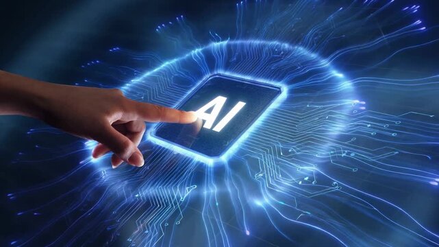 Futuristic scene showing a human finger activating a glowing ai processor on a digital circuit board, symbolizing the integration of artificial intelligence and machine learning technology