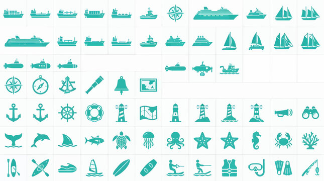 Flat Aquamarine Vector Icons Collection for Marine and Nautical Themes, Featuring Ships, Boats, Submarines, Marine Life, Navigation Tools, and Beach Activities