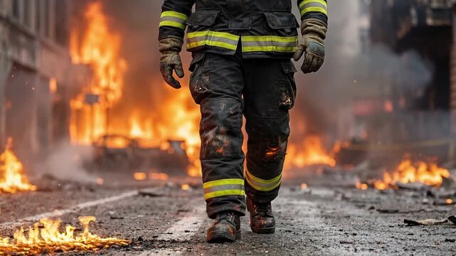 Heroic firefighter in full protective gear walking through a devastated urban street with intense flames and smoke, bravely facing the dangerous aftermath of a major disaster or conflict