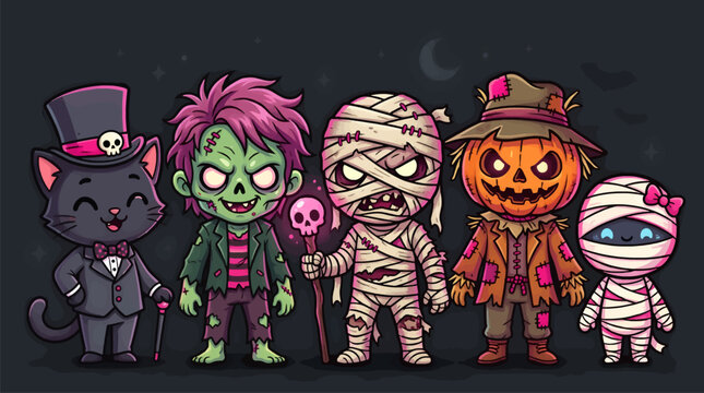 Cute Chibi Halloween Monsters Collection: Black Cat, Zombie, Mummy, Scarecrow, and Baby Mummy, Vector Illustration