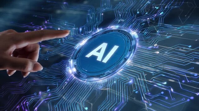 Futuristic scene showing a person's finger touching a glowing ai button on a digital screen, activating an advanced artificial intelligence system represented by a glowing motherboard circuit