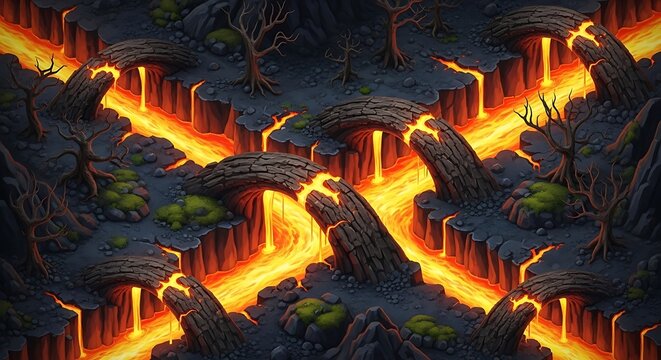 Fiery volcanic eruption at night with lava flow.