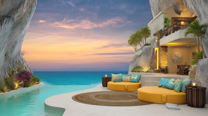 Obraz premium Breathtaking Cliffside Lounge with Infinity Pool at Sunset Overlooking Serene Ocean View