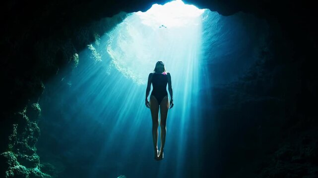 Freediver woman ascending through a beam of light from the darkness of an underwater cave, gracefully rising towards the tranquil water's surface in a display of serene natural beauty