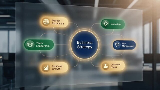 Futuristic transparent hud displaying a business strategy mind map with market expansion, financial growth, innovation and risk management floating in a modern office setting