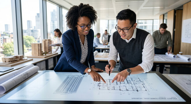 Diverse architects collaborating over large digital drafting board in firm.