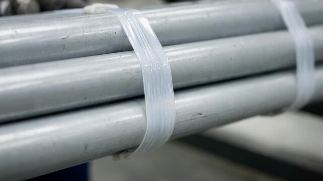 Closeup medium shot showing plastic banding being applied around a bundle of pipes highlighting the flexibility and protective qualities of the material during transport