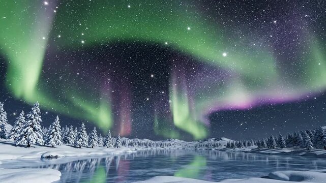 Watch beautiful aurora lights dance in the night sky over a snowy landscape near frozen water