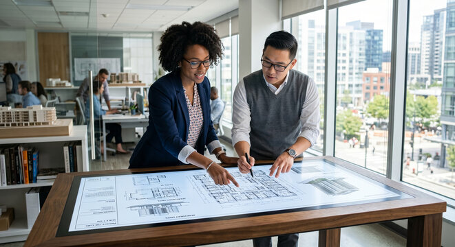 Diverse architects collaborating over large digital drafting board in firm.