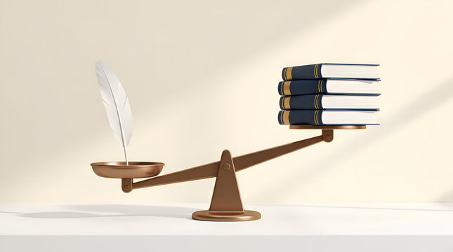 A balance scale comparing a stack of books and a feather quill, illustrating the substantial weight of knowledge and the enduring power of literature
