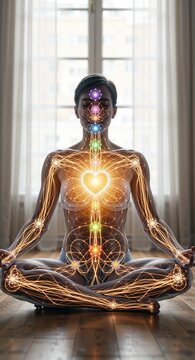 Vertical photo of a woman in meditation pose with glowing chakra energy points. Spiritual healing and mindfulness concept. Aura and energy flow visualization on human body