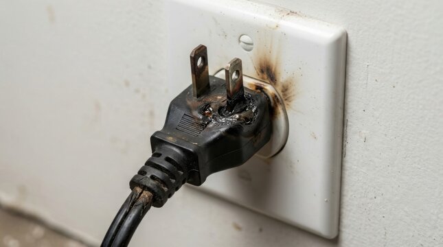 Burnt electrical plug and outlet with melted plastic