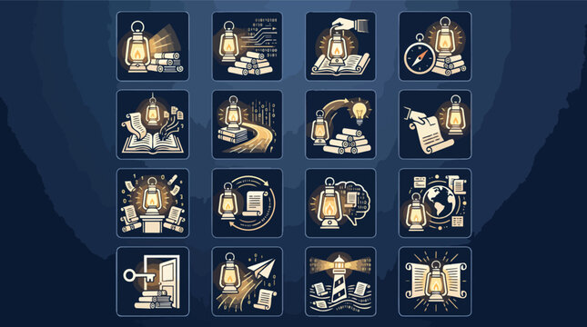 Collection of vintage lantern icons with various objects on a dark background.