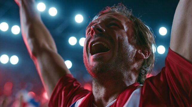 Ecstatic Panama supporter cheering with both arms uplifted vibrant stadium lights illuminating the night sky in a dynamic lowangle shot.