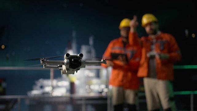 Finding fossil reserves during oil crisis, drone close up and offshore platform engineering team while circumventing blockade, aerial reconnaissance UAV and drilling ship coworkers.