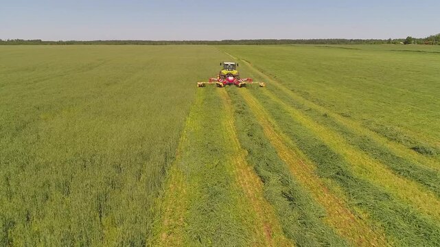 Drone tracking mower tractor in green field