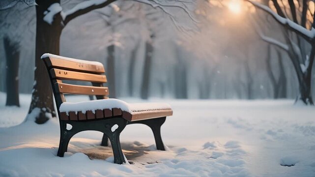 Peaceful wooden bench covered in fresh white snow within a silent winter park landscape during a soft golden sunset hour