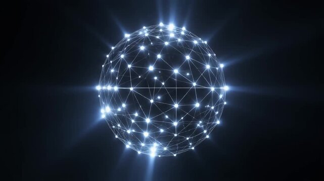 Illuminated abstract sphere representing a futuristic global digital network, showcasing interconnected data points and a technological web of information flow