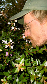 Man smells flowers in a garden during springtime