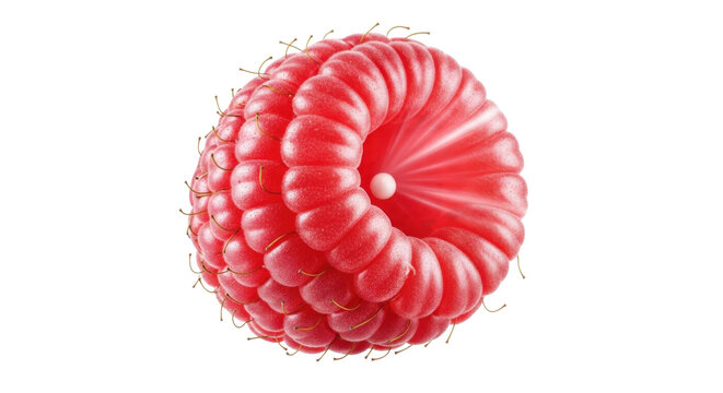 Vibrant red raspberry close-up with detailed texture and stems on white background