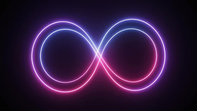 Abstract glowing neon infinity symbol with vibrant blue and pink light trails representing eternity and continuous loop on dark background