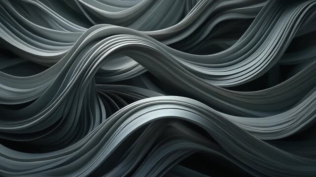 Abstract 3D render of flowing metallic silver waves and dark grey curved lines background
