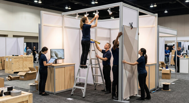 Event management team working together to set up exhibition booth.