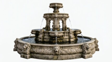 Fototapeta premium Ornate stone fountain with multiple tiers and lion decorations isolated on white background