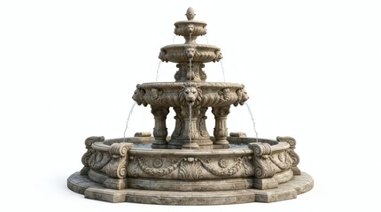 Fototapeta premium Ornate stone fountain with lion heads isolated on white background