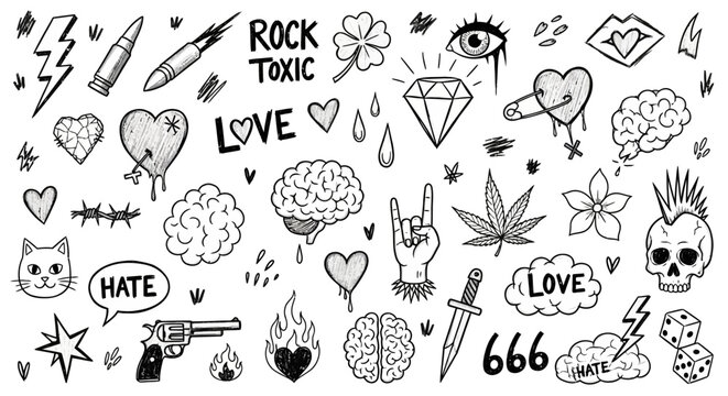 Old school tattoo flash set, hand drawn punk rock doodles with skull and hearts, black ink aesthetic illustrations for stickers and apparel