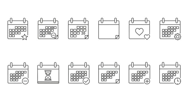 Calendar icons, line style, 12 pack, vector graphics, schedule symbols, date planners