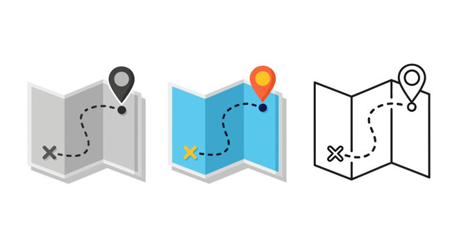 Map icons, navigation symbols, location markers, vector graphics