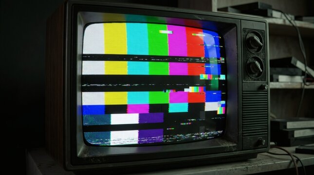 Old television with a distorted colorful test pattern on the screen in a dark room