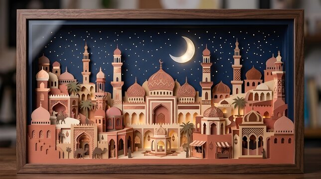 3D Papercraft Shadowbox Diorama of Islamic City with Warm Backlighting
