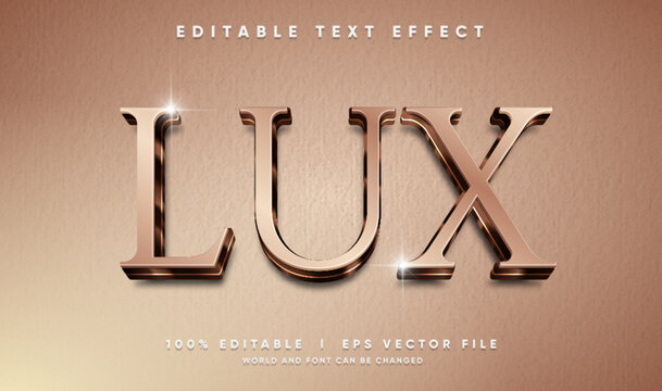 Editable lux 3d text effect template with elegant bronze rose gold serif font and shiny sparkles on soft brown textured background