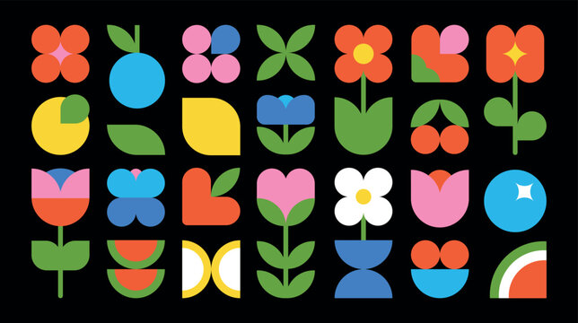 Сolorful flat flowers and fruits, created from simple shapes in Y2K style. Vector futuristic abstract geometric figures and objects for design. Boho style, aesthetics, contemporary art and Bauhaus.  