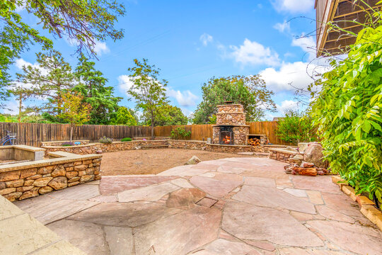 Stone fireplace outdoor patio