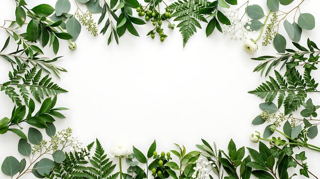 Elegant botanical arrangement of fresh green leaves and delicate white flowers creating a natural border on a clean white background