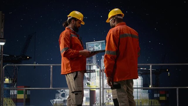 Offshore platform men use map on device to circumvent petrol extraction blockade with offshore platform context.
