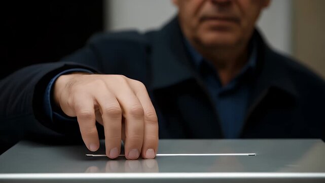 A man's hand carefully places a blank ballot into a modern ballot box during an election, symbolizing civic duty and democratic process participation.