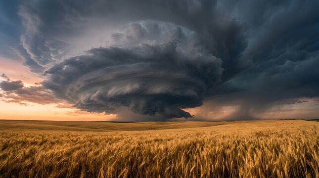 Dramatic supercell storm cloud hovering over a golden wheat field at sunset