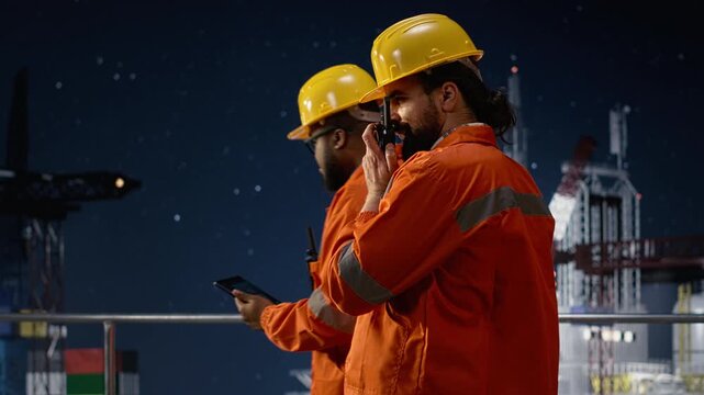 Offshore platform engineering team coordinate safe supply routes during oil crisis while teamworking colleagues deliver urgent conflict operational report uses handheld radio, for energy operations.